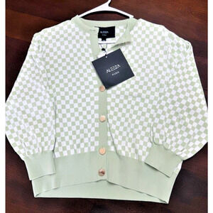 Aleeza Paris Checkered Checked Sweater Large NWT Ivory/Sage Green $126